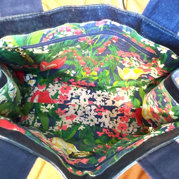 Tory Burch Navy and Denim Shoulder Tote Bag with Floral Interior - Picture 3 of 13